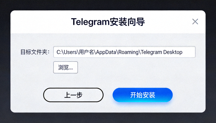 Telegram安装向导界面截图，显示安装路径选择和开始安装按钮