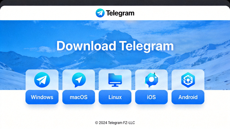 Telegram官方网站下载页面截图，显示Windows、macOS、Linux、iOS和Android等多个平台的下载按钮
