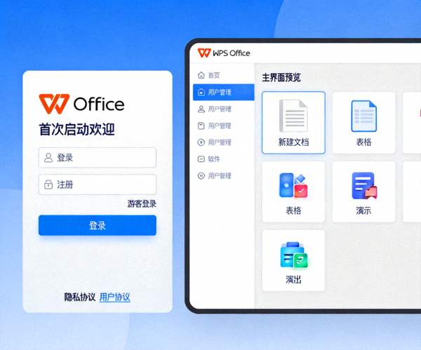 WPS Office首次启动欢迎界面截图 - 显示登录选项和软件主界面预览